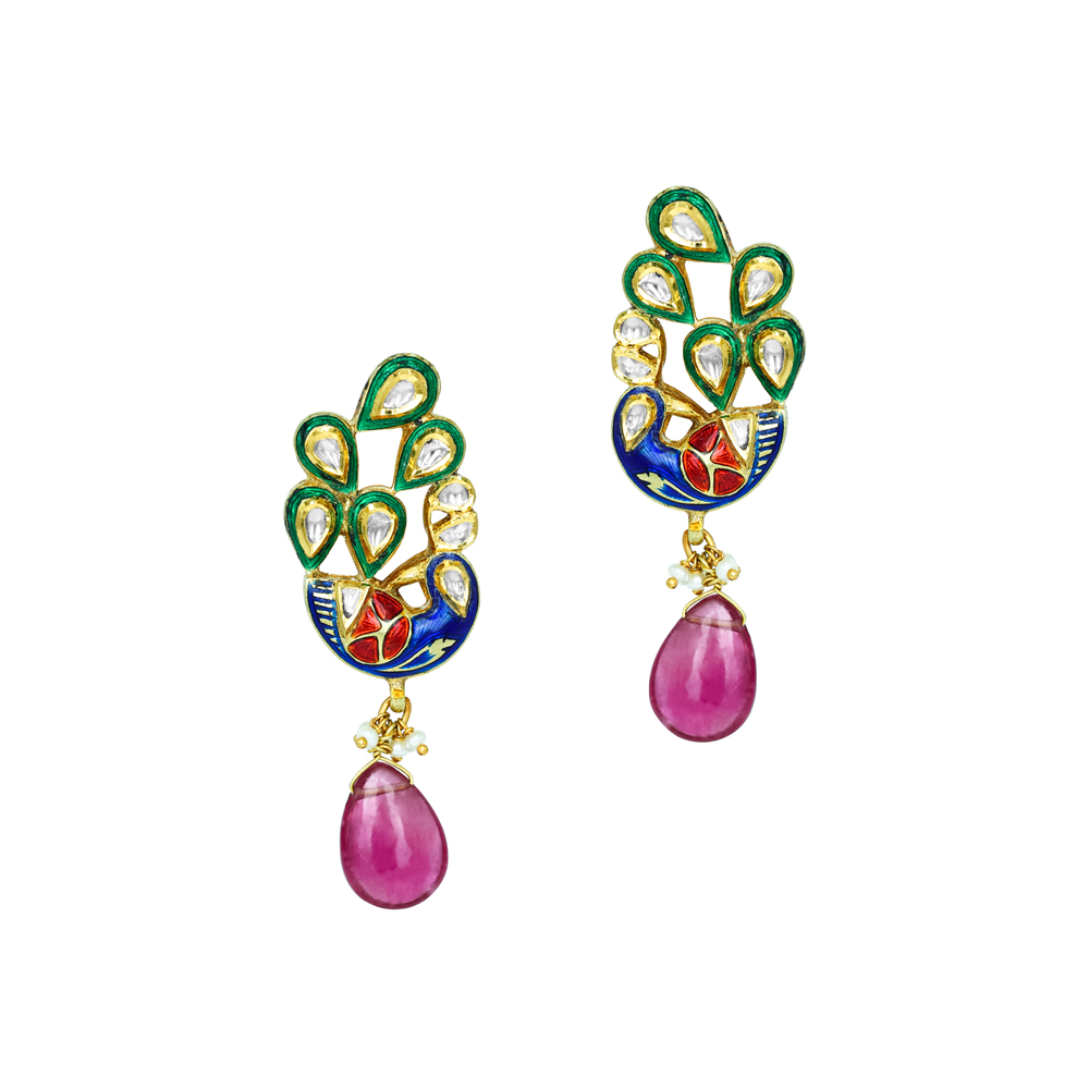 Peacock Enamel Earrings with Polki Diamonds and Tourmaline Drops